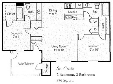 Floor plan for 2 beds, 2 baths, 876 sqft
